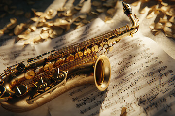 Obraz premium A golden alto saxophone rests elegantly on a sheet of musical notes, surrounded by an ambiance of creativity and nostalgia.