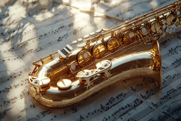 Obraz premium A Gleaming Alto Saxophone Dances Elegantly on the Sheet Music, Capturing the Essence of Melodic Sophistication and Artistry.