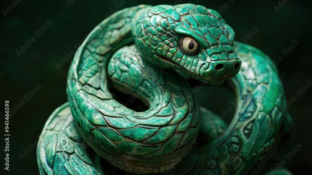 Wall mural Green wooden snake wrapped around jade, intricate carving design.