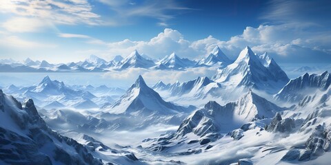 Fototapeta premium Winter snow ice mountain rock hill scene panorama. Adventure trip journey explore wild scene view
