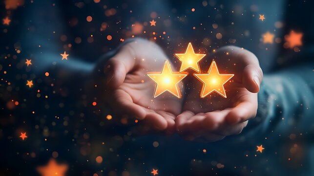 Customer Satisfaction and Trust Concept: Person Holding Glowing Five Stars Icon Symbolizing Positive Business Service Experience