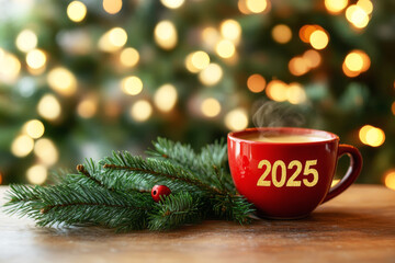 A cup of hot drink on a wooden table against a background of blurred lights. New Year's concept.