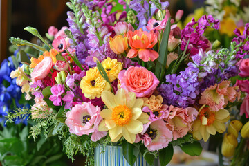 Fototapeta premium A Vibrant Display of Nature's Beauty: An Exquisite Bouquet of Colorful Flowers in a Charming Vase Captivating the Senses