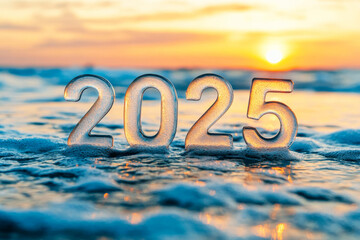 Happy new year 2025 with sea and sunset background.