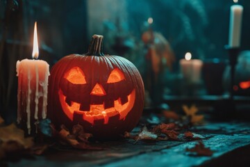 Obraz premium Halloween with glowing candles and a frighteningly carved pumpkin