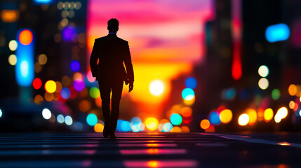 Fototapeta premium A silhouette of a man in a suit walking towards a vibrant sunset in a city, symbolizing ambition and personal growth.
