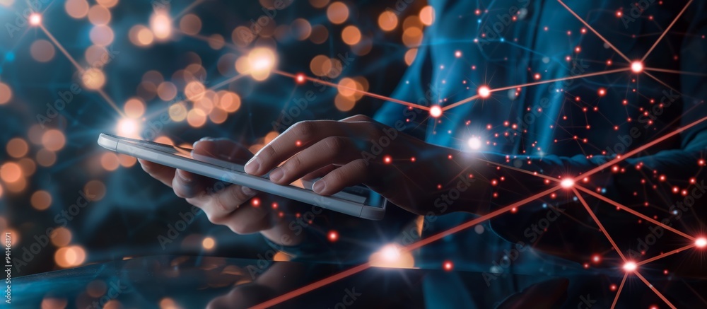 Aufkleber hands using a tablet with a digital network symbolize the fusion of technology, communication, and m