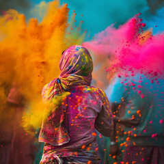 Fototapeta premium Holi or the Festival of Colors is held in India, turning the backs of children of various nationalities. Different skin colors playfully splash colored powder at each other