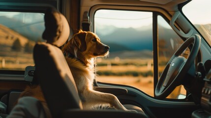 Golden retriever dog enjoying road trip sitting on passenger seat