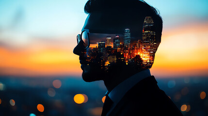 Silhouette of a businessman with a cityscape overlay, embodying ambition and creativity against a vibrant sunset backdrop.