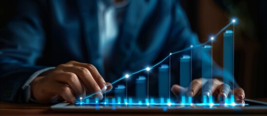 Business professional closely examining a digital financial chart with a trend of increasing bar graphs, signifying growth, progress, and financial success. Futuristic and analytical scene.