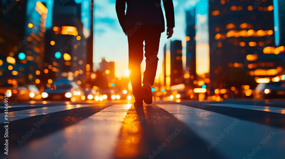 Wall mural Silhouette of a person walking in a vibrant cityscape at sunset, showcasing urban life and the hustle of city living.