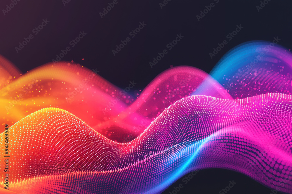 Poster dynamic colorful waveforms and glowing digital patterns representing futuristic technology and data 