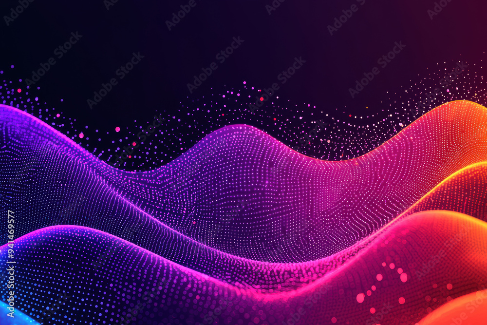 Poster vibrant abstract waves of colorful lights and particles on a dark background, creating a futuristic 