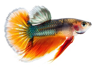 Fototapeta premium Beautifully Detailed Guppy with Fan like Tail on White Background Ornamental Fish Concept