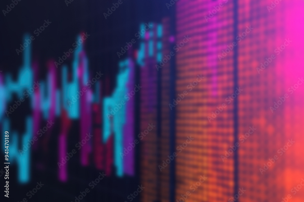 Poster abstract digital data visualization with blurred graphs and colorful charts, depicting financial ana
