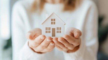 A person holds a small white model house with windows and a door in their hands, symbolizing home ownership and real estate investment.