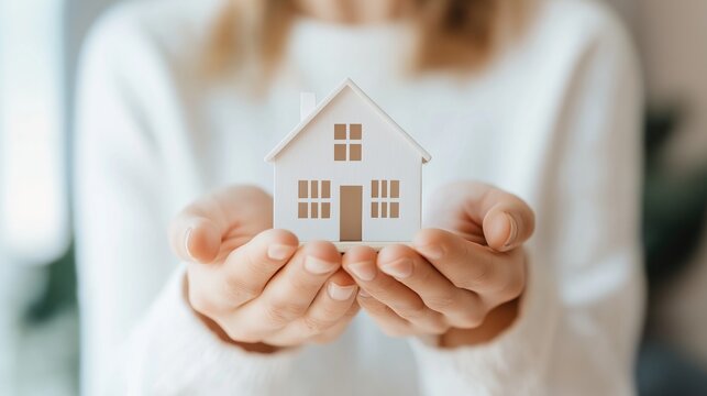 A person holds a small white model house with windows and a door in their hands, symbolizing home ownership and real estate investment.