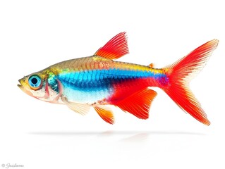 Fototapeta premium Vibrant Cardinal Tetra Fish Swimming Energetically in Isolated White Background