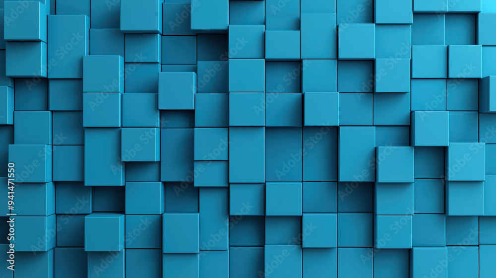 Poster abstract geometric background with blue squares arranged in a complex pattern, creating depth and te