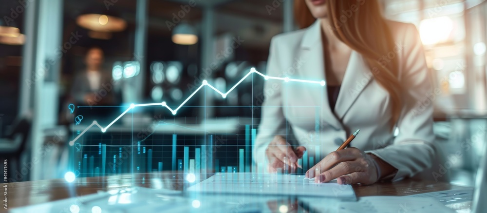 Poster businesswoman in a professional attire reviewing and analyzing financial data presented on a futuris