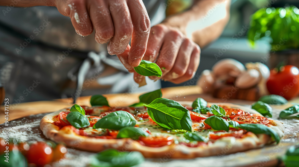 Wall mural a cook's hands carefully placing fresh basil leaves on a homemade pizza, with ingredients like tomat