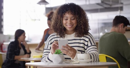 Smile, phone or face of happy woman in coffee shop on social media for meme or web notification. Mobile app, news or biracial person in cafe texting, typing online or reading a funny joke on a post