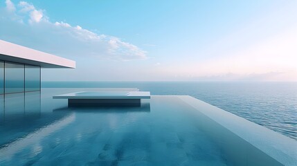 Sleek Glass Table by Infinity Pool Overlooking Serene Ocean for Luxury Product Display