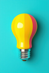 Vibrant yellow and red light bulb on a teal background. Concept of creativity and innovation. Modern minimalistic design in bright colors.
