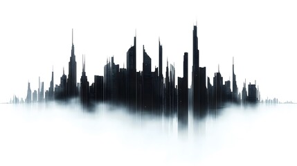 Fototapeta premium CG Futuristic City Skyline Silhouette: A sleek, CG-rendered silhouette of a futuristic city skyline, set against a stark white background. 