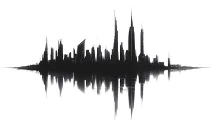 Naklejka premium CG Futuristic City Skyline Silhouette: A sleek, CG-rendered silhouette of a futuristic city skyline, set against a stark white background. 