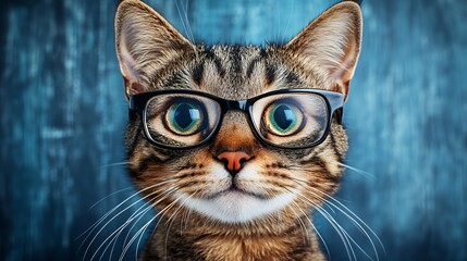A cat wearing glasses with a humorous expression against a blue background.