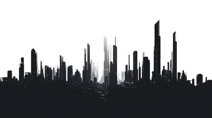 Obraz premium CG Futuristic City Skyline Silhouette: A sleek, CG-rendered silhouette of a futuristic city skyline, set against a stark white background. 