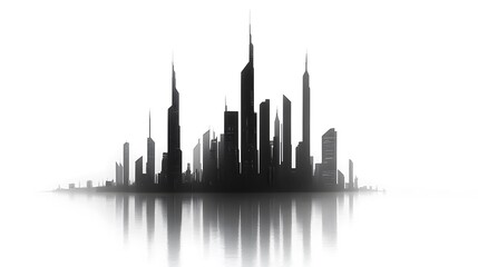 Fototapeta premium CG Futuristic City Skyline Silhouette: A sleek, CG-rendered silhouette of a futuristic city skyline, set against a stark white background. 
