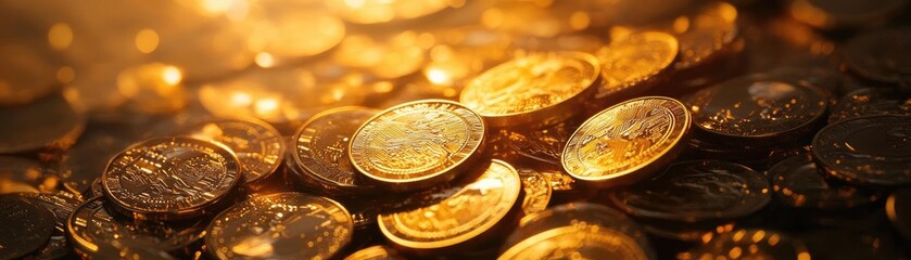 A stunning close-up of golden coins, shimmering in warm light, evoking feelings of wealth, abundance, and prosperity.