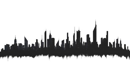 Naklejka premium CG Futuristic City Skyline Silhouette: A sleek, CG-rendered silhouette of a futuristic city skyline, set against a stark white background. 