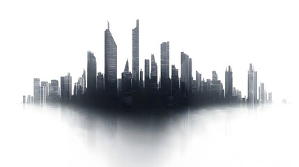 Naklejka premium CG Futuristic City Skyline Silhouette: A sleek, CG-rendered silhouette of a futuristic city skyline, set against a stark white background. 