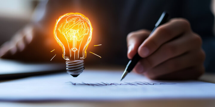 A hand writes on paper while a glowing lightbulb hovers above, symbolizing inspiration and the ignition of new ideas, showcasing the creative process in action.