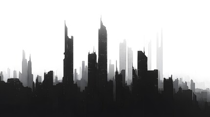 Obraz premium CG Futuristic City Skyline Silhouette: A sleek, CG-rendered silhouette of a futuristic city skyline, set against a stark white background. 