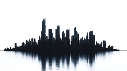 Obraz premium CG Futuristic City Skyline Silhouette: A sleek, CG-rendered silhouette of a futuristic city skyline, set against a stark white background. 