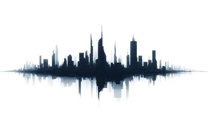 Obraz premium CG Futuristic City Skyline Silhouette: A sleek, CG-rendered silhouette of a futuristic city skyline, set against a stark white background. 