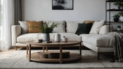Round wood coffee table against white sofa. Scandinavian home interior design of modern living room.
