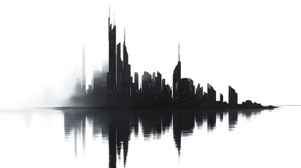 Fototapeta premium CG Futuristic City Skyline Silhouette: A sleek, CG-rendered silhouette of a futuristic city skyline, set against a stark white background. 