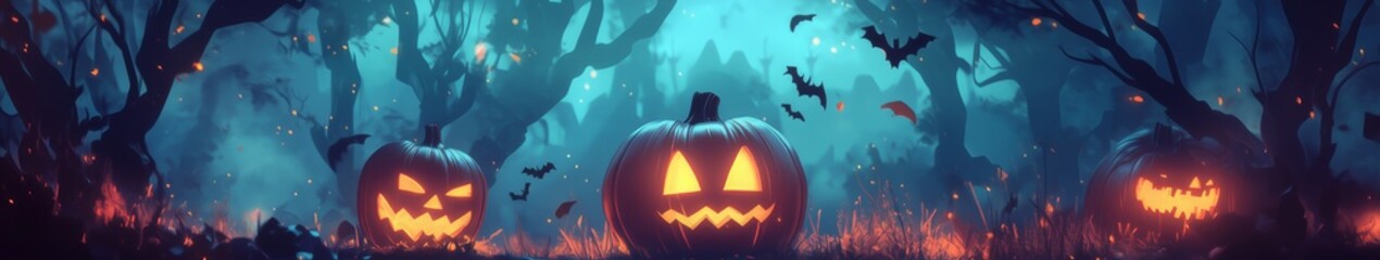 Fototapeta premium Enchanted Halloween Banner for Website with Glowing Jack-o'-Lanterns, Flying Bats, and Foggy Forest Setting Creating a Magical and Spooky Halloween Atmosphere