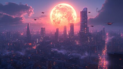 Obraz premium Futuristic cityscape under a giant full moon Generative AI