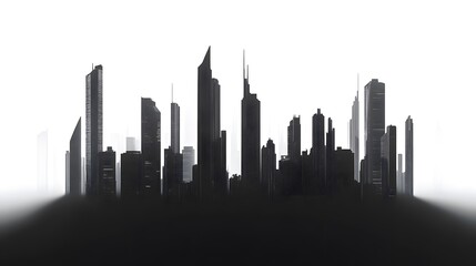 Obraz premium CG Futuristic City Skyline Silhouette: A sleek, CG-rendered silhouette of a futuristic city skyline, set against a stark white background. 