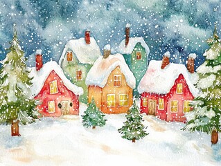 Watercolor Painting of a Snowy Christmas Village with Houses and Pine Trees