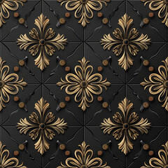 Fototapeta premium 3d rendering abstract texture black and gold floral pattern background. AI generation.