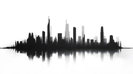 Obraz premium CG Futuristic City Skyline Silhouette: A sleek, CG-rendered silhouette of a futuristic city skyline, set against a stark white background. 
