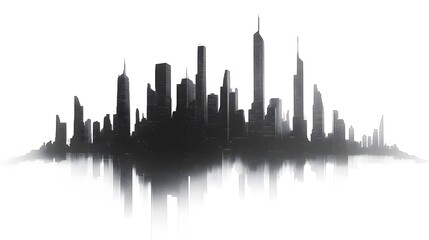 Obraz premium CG Futuristic City Skyline Silhouette: A sleek, CG-rendered silhouette of a futuristic city skyline, set against a stark white background. 